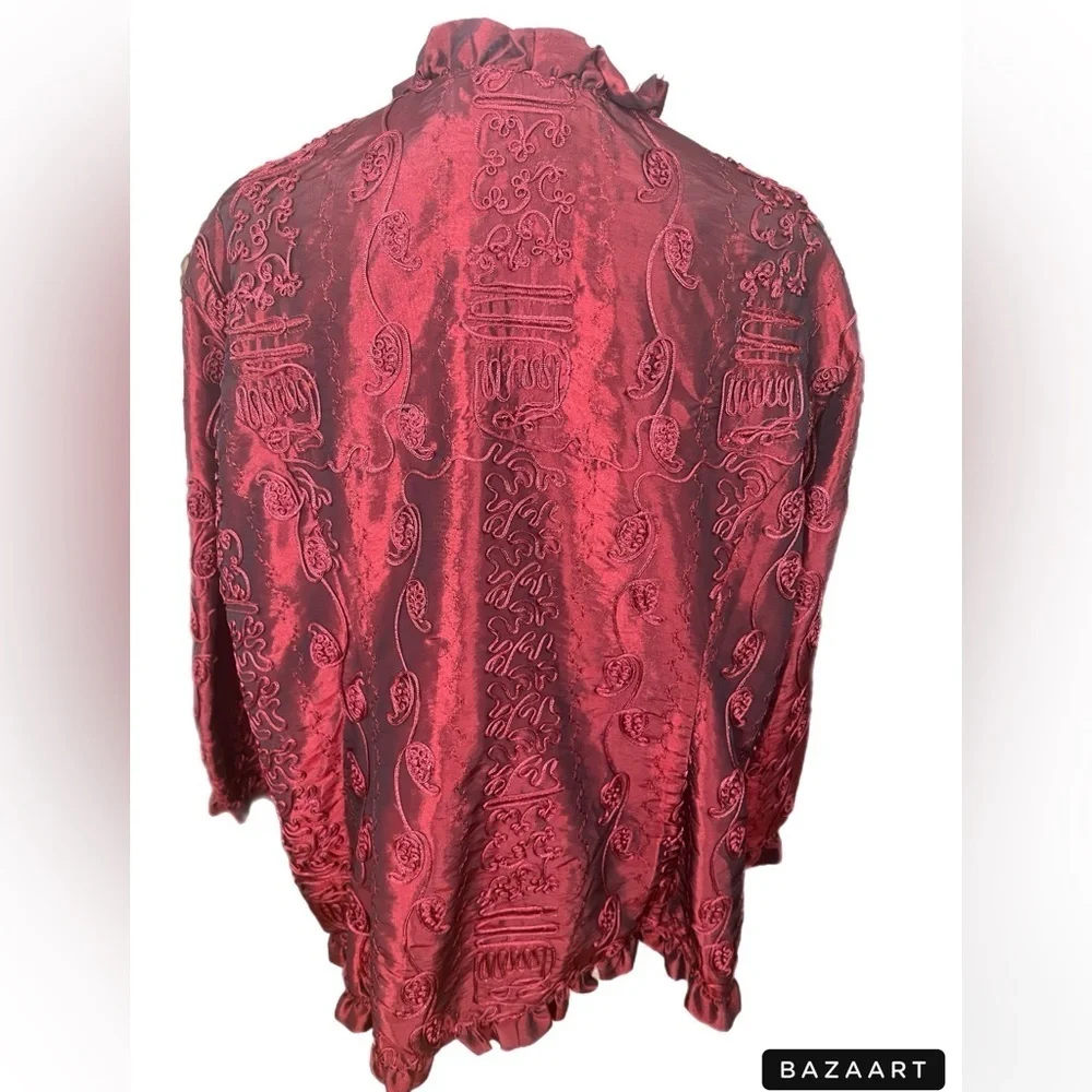 🔥🔥Violin Crimson Metallic Blazer. Size 3X  Glass Beads Button Up 3/4 Sleeve